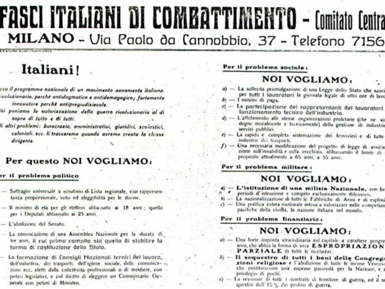 23 marzo 1919: Benito Mussolini fonda a Milano i Fasci italiani di combattimento