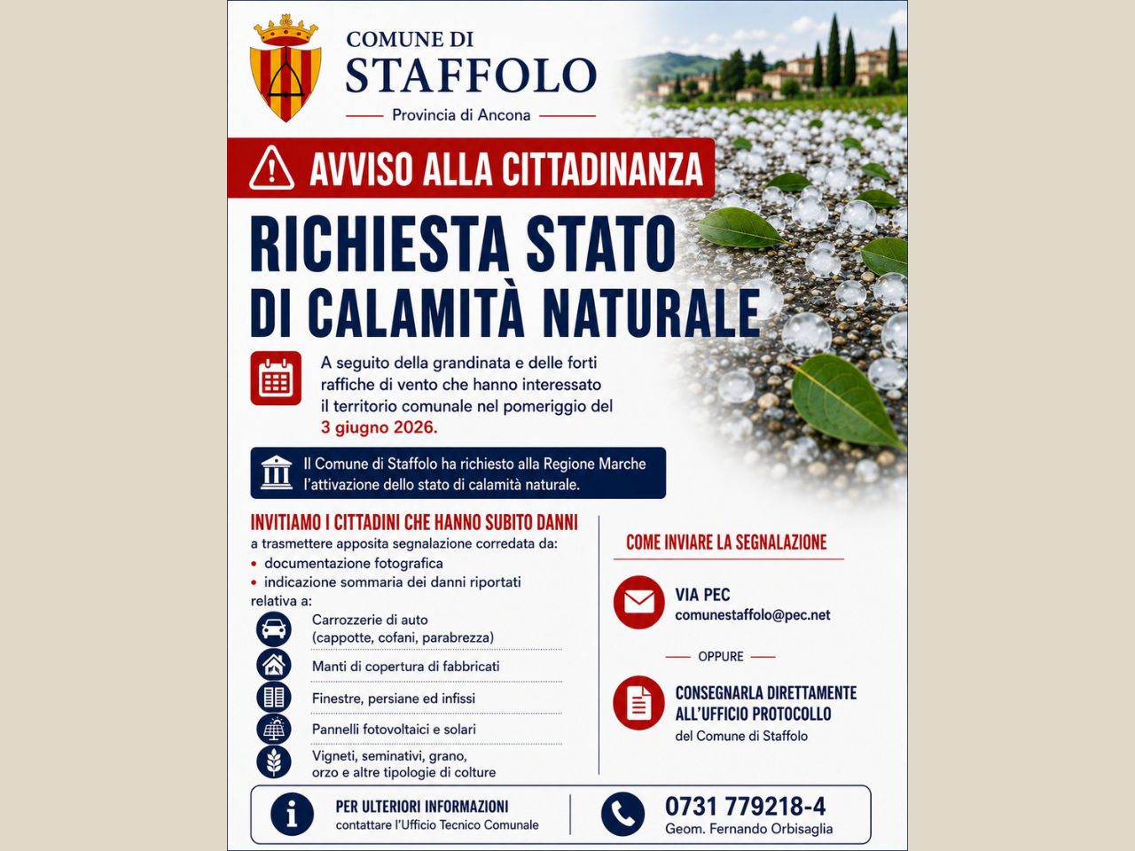 Staffolo chiede lo stato di calamità naturale dopo la violenta grandinata del 3 giugno
